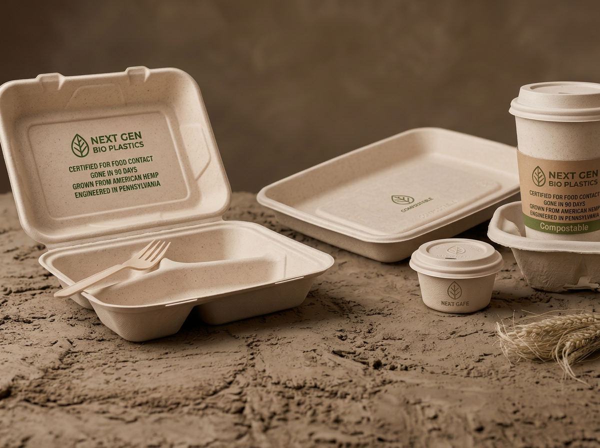 The Hemp Container Collection — clamshell, bowl, tray, and cup arranged on a cream background